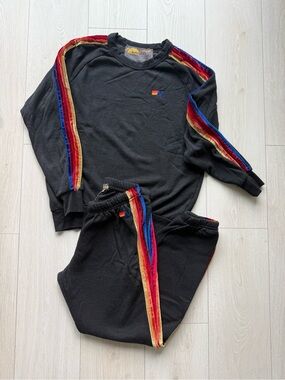 NWOT Aviator Nation Black Velour Tracksuit with Rainbow Velvet Stripes XS/S
